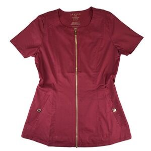 Jaanuu‎ Womens Burgundy Full Zip Scrub Top XXS Medical Uniform Gold Zipper Wine